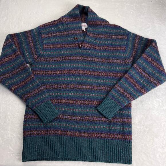Racquet Vintage Green Blue Brown 100% Shetland Wool Sweater size Medium Striped - Picture 1 of 6